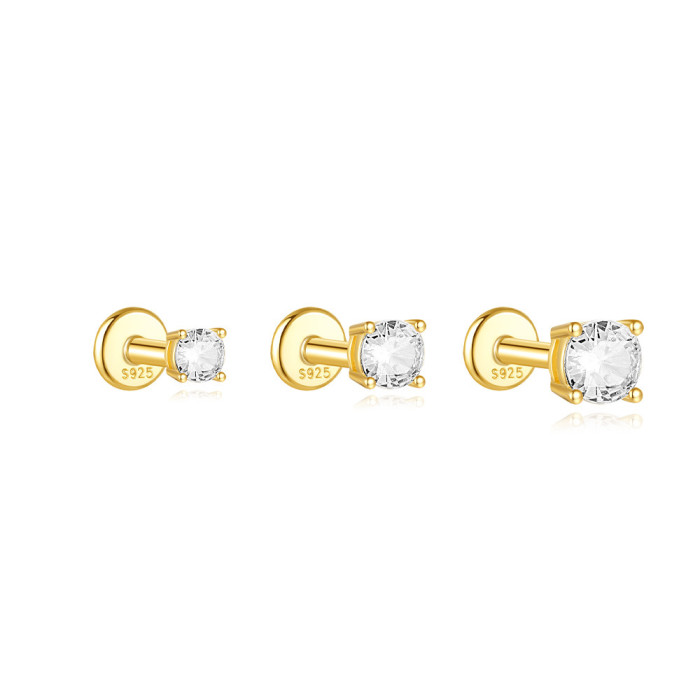 S925 Sterling Silver New Style Diamond-Studded Threaded Piercing Earrings Korean Design Zircon Earrings Niche Temperament Ear Jewelry