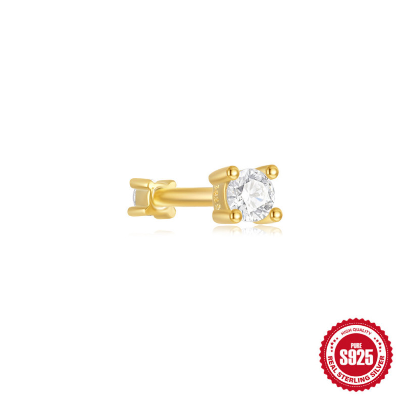 New S925 Sterling Silver Ear Bone Stud Single Diamond Inlaid Stone Stackable Double-Sided Wearable Soft Bone Spiral Piercing Stud Ear Jewelry