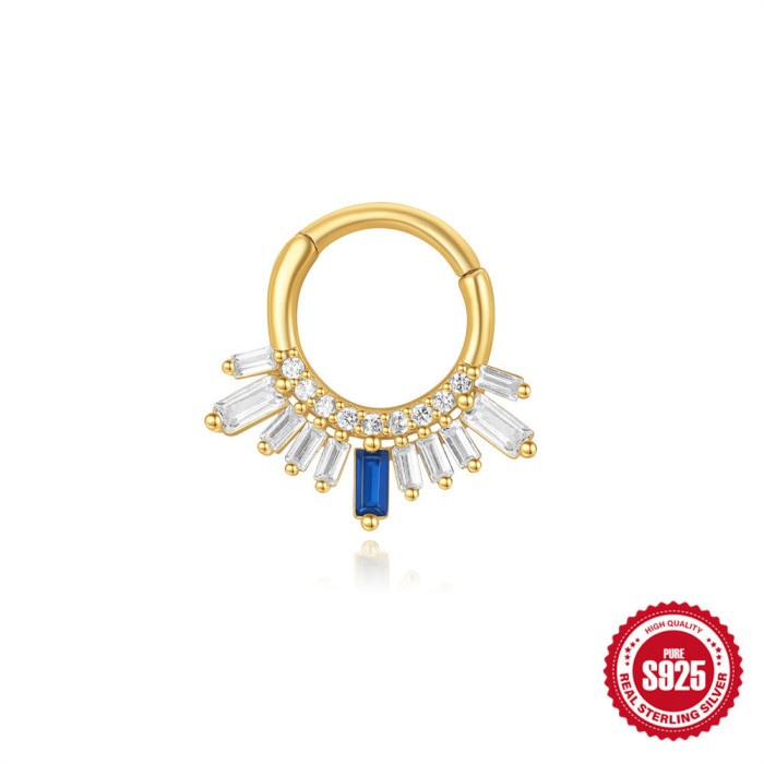 S925 Sterling Silver Classic Geometric Rectangle Single Row Diamond-Studded Nose Ring Ear Bone Ring European and American Hot Selling Piercing Ear Hoop Ear Jewelry