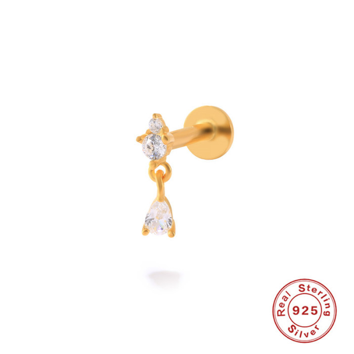 S925 Sterling Silver Personality Water Drop Inlaid Diamond Light Luxury Piercing Ear Jewelry Japanese and Korean INS Style Threaded Piercing Cartilage Earrings
