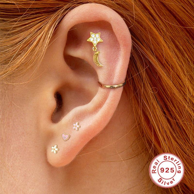 S925 Sterling Silver Oil Drop Glaze Flower Fresh Piercing Jewelry Threaded Piercing Earrings Piercing Ear Bone Stud Earrings