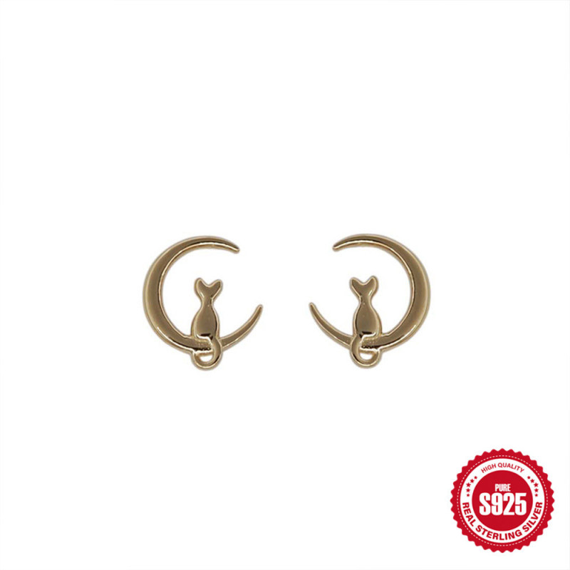 925 Sterling Silver Moon Cat Earrings Korean and Japanese Design INS Style Cute Crescent Mini Cat Earrings Jewelry