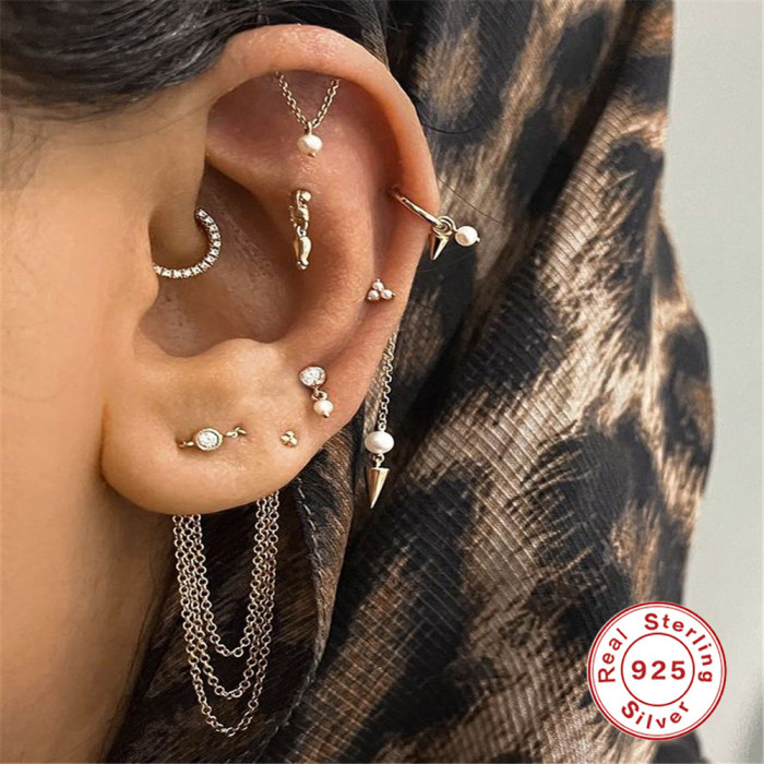 S925 Sterling Silver Tassel Pearl Double Chain Piercing Ear Bone Stud Earrings European and American Hot Selling Creative Minimalist Style Earrings