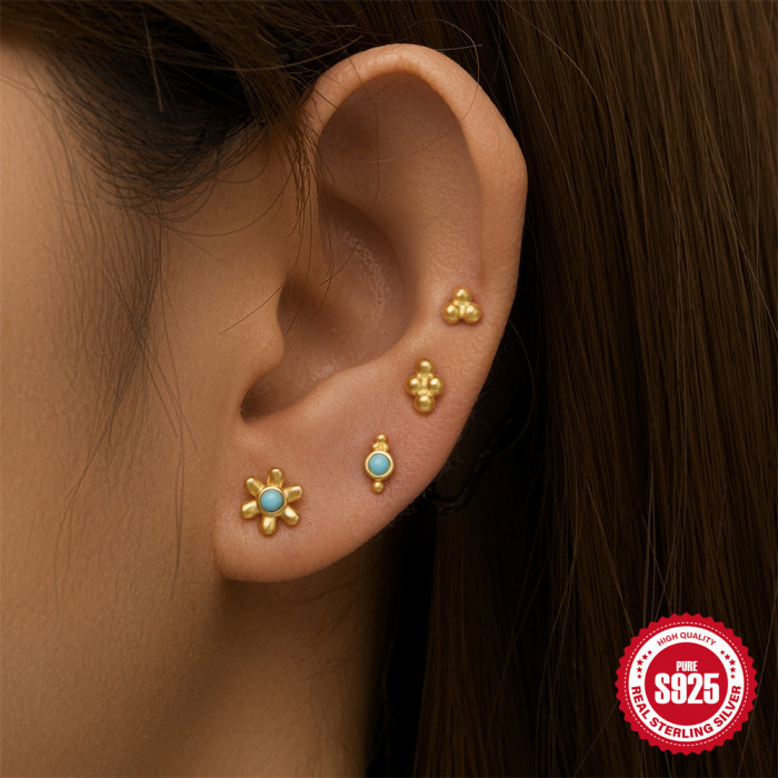 925 Sterling Silver Geometric Diamond Classic 4-Piece Set Earrings Vintage Turquoise Ear Studs Small Gold Ball Earrings