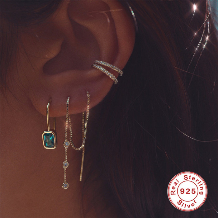 S925 Sterling Silver Box Chain Tassel Triple Inlaid Diamond Ear Thread Earrings Korean Style Elegant Personality Fashion Earrings for Women