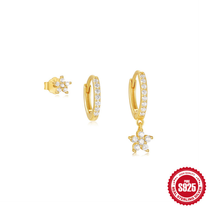 S925 Sterling Silver Octagonal Star Inlaid with Diamonds and Opal Matching Hoop Earrings Set European and American Hot-Selling Classic Opal Earrings