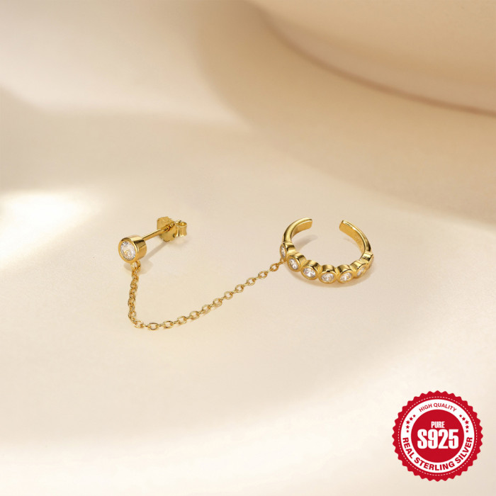 New S925 Sterling Silver INS Style Chain Tassel Ear Clip with Stone-Inlaid Ear Thread Earrings Korean and Japanese...