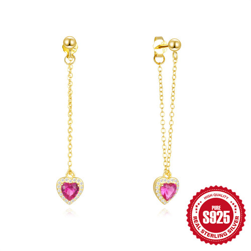 S925 Sterling Silver Heart Earrings Cute Peach Heart Full Diamond Long Earrings Elegant Niche High-end Sense Stud Earrings for Women
