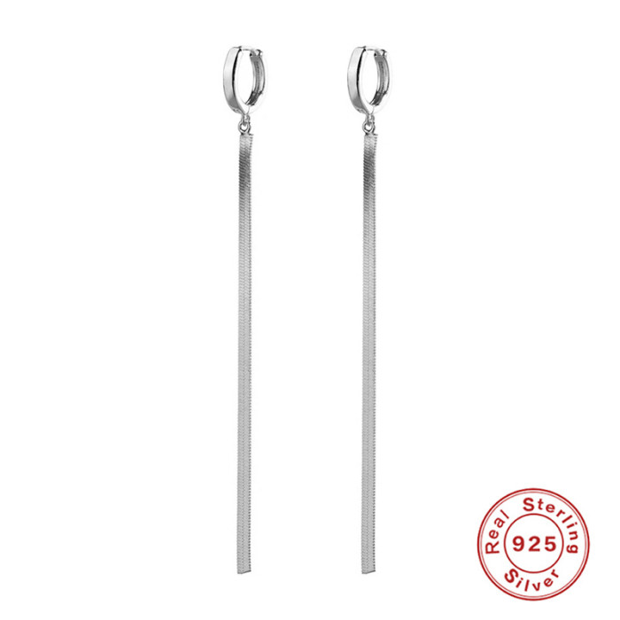 S925 Sterling Silver INS Minimalist Flat Snake Chain Tassel Hoop Earrings Korean Style Elegant Personality Trendy Ear Accessories