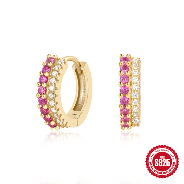 S925 Sterling Silver Personality Double Row Mixed Color Stone-Inlaid Hoop Earrings Ear Clips Earrings Hot Selling T...