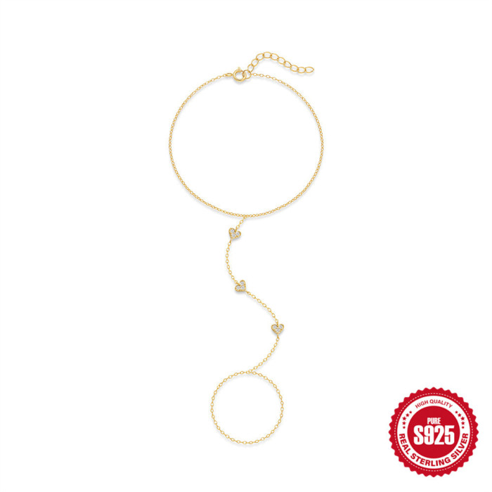 S925 Sterling Silver Heart-Shaped Diamond-Encrusted Bracelet Ring Chain Korean Style Niche Design Sense Elegant Versatile Ring Chain Bracelet