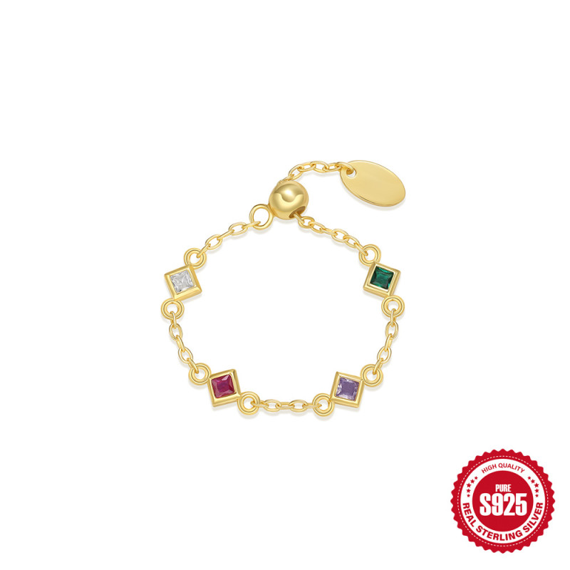 S925 Sterling Silver Chain Open Ring with Inlaid Diamonds, Light Luxury Small Square Gold Edge, Color-Block Matching Pendant Adjustable Ring