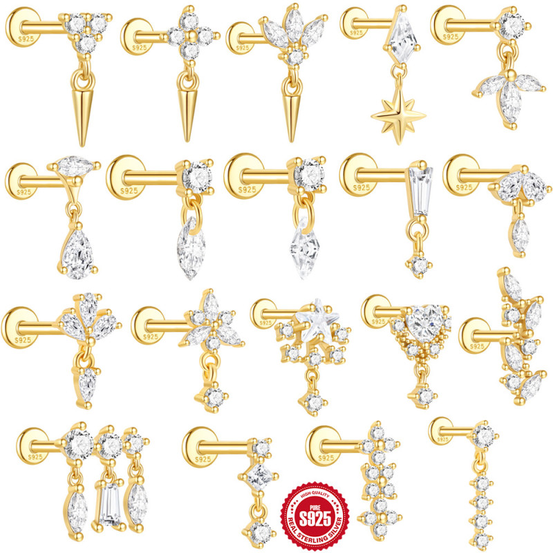 S925 Sterling Silver Geometric Diamond-Studded Stud Flat Head Threaded Piercing Ear Bone Stud European and American Classic Hot-Selling Piercing Ear Jewelry