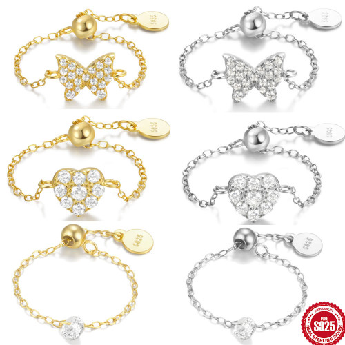 New 925 Sterling Silver Heart Butterfly Inlaid Diamond Ring for Women, European and American Hot-Selling Ins Trend Open Adjustable Chain Ring