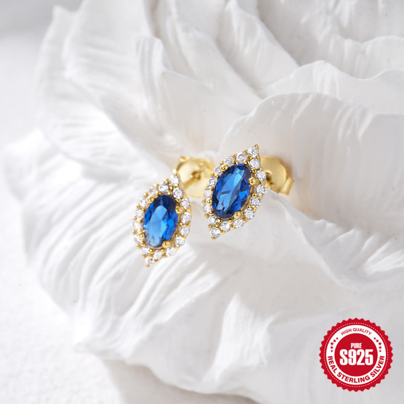 925 Sterling Silver 18K Gold Plated Blue Spinel Stud Earrings European and American Light Luxury Simple Retro Versatile Elegant Earrings Accessories