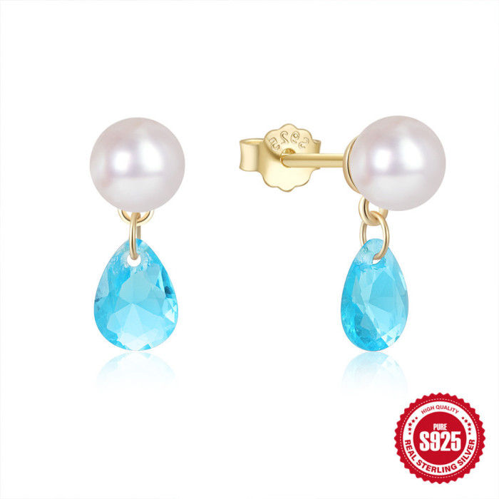 New 925 Sterling Silver Elegant Pearl Colorful Water Drop Diamond Stud Earrings for Women European and American Hot Selling French Style Earrings