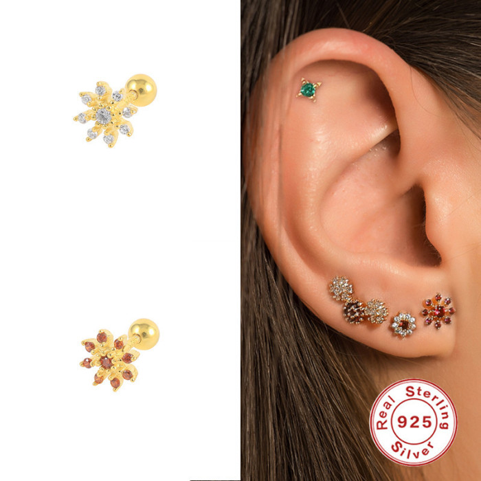 S925 Sterling Silver Snowflake Inlaid Diamond Piercing Cartilage Earrings European and American Bestselling Trendy INS Ear Bone Studs Christmas Edition Earrings