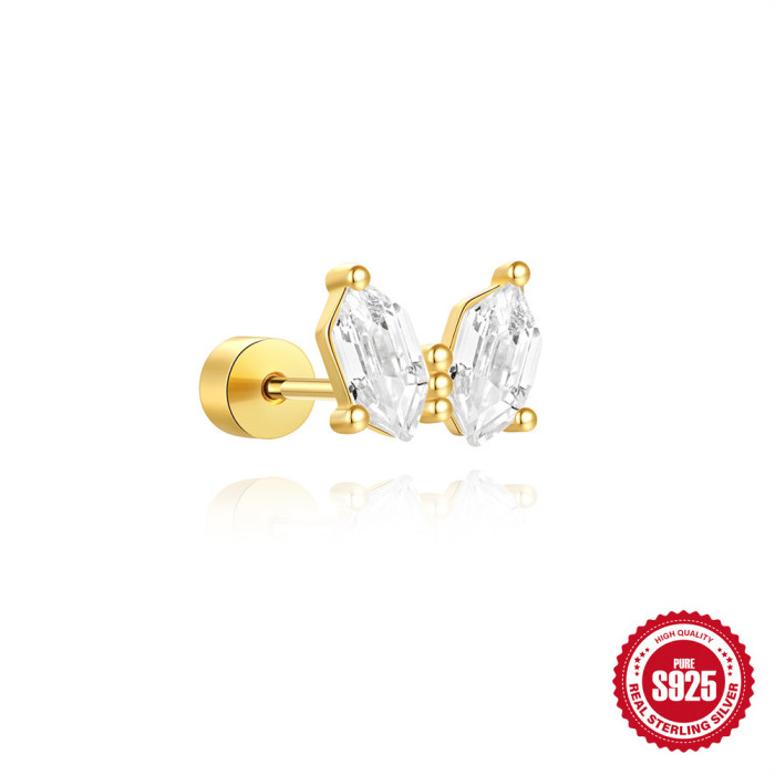 S925 Sterling Silver Super Flash Zircon Geometric Butterfly Inlaid Diamond Flat Head Cylinder Thread Piercing Ear Bone Nail Cross-Border Hot Selling Model