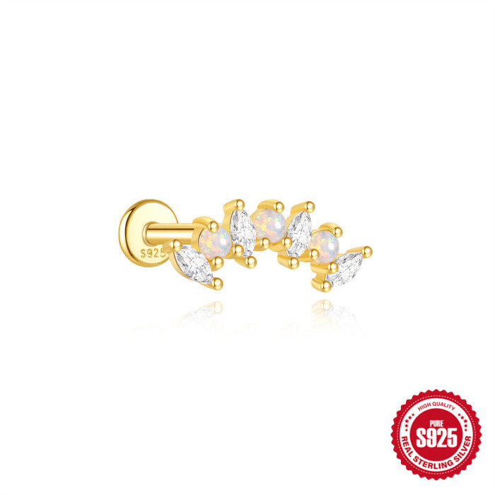 S925 Sterling Silver Inlaid Diamond Tassel Flat Head Soft Bone Spiral Piercing Ear Bone Stud European and American Hot-Selling High-End Opal Ear Jewelry