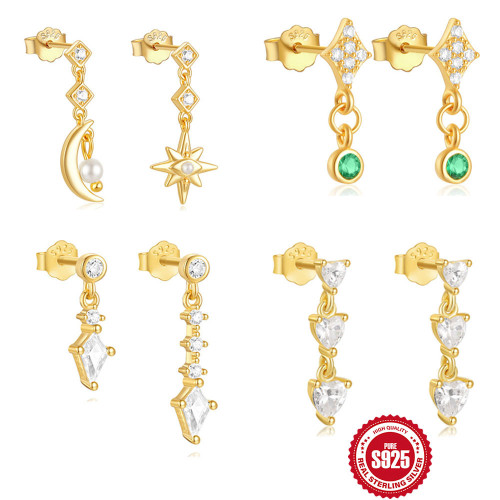 S925 Sterling Silver Heart Four-Pointed Star Inlaid Diamond Earrings Fashionable Hot-Selling Asymmetric Elegant Versatile Accessories