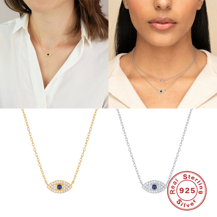 S925 Sterling Silver Classic Ins Style Blue Eyes Diamond Necklace European and American Hot Sale Devil Eye Pendant Collarbone Necklace