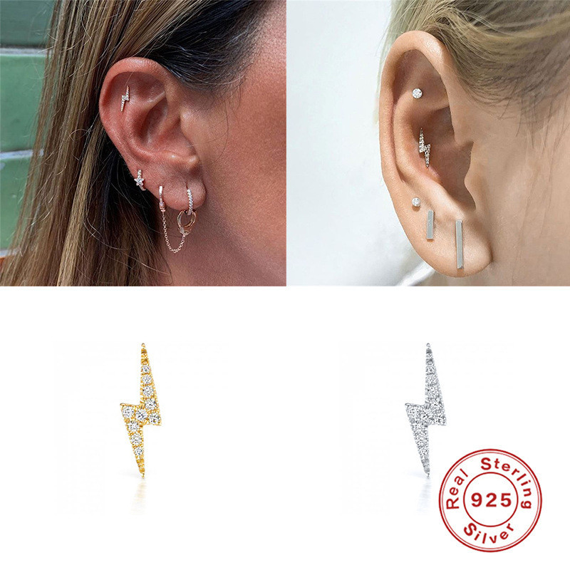 S925 Sterling Silver European and American Simple Versatile Lightning Micro Inlaid Piercing Threaded Earrings Mini Zircon Ear Bone Stud Earrings for Women