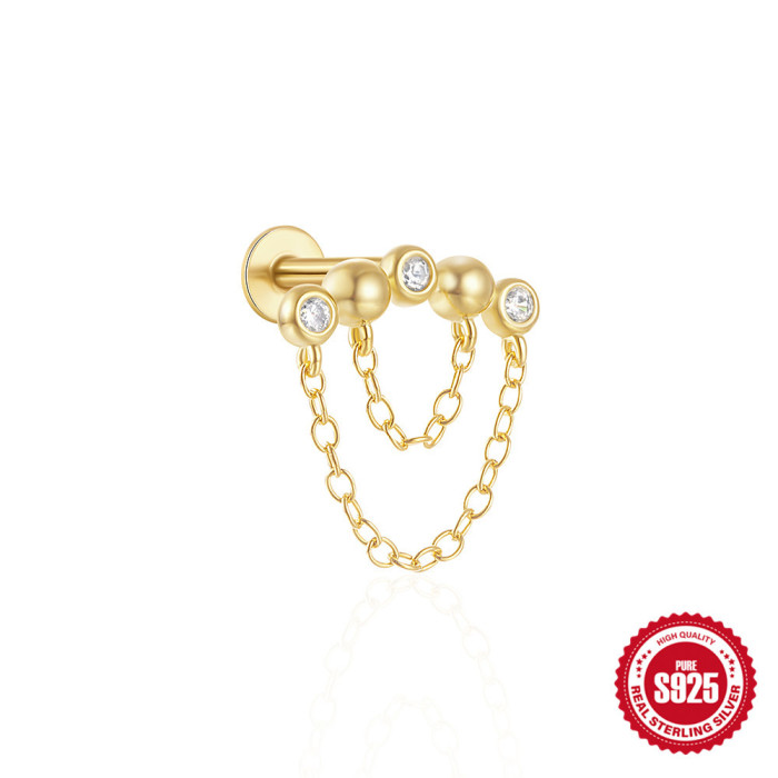 New 925 Sterling Silver Diamond-Studded Tassel Piercing Threaded Flat Ear Bone Stud Earrings European and American Hot-Selling Ins Style Ear Jewelry