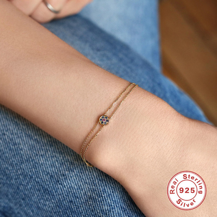 S925 Sterling Silver Round Colorful Zircon Bracelet Fashion Simple Daily Commuting Design Retro Bracelet