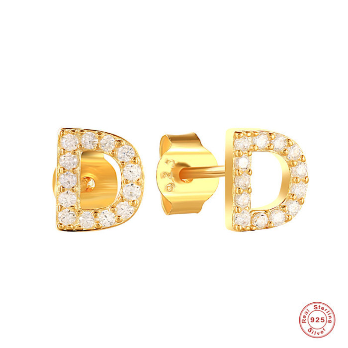 S925 Sterling Silver English Letter Stud Earrings Simple Elegant Diamond-Encrusted Geometric Versatile Earrings Women's Ear Jewelry One Piece Dropshipping