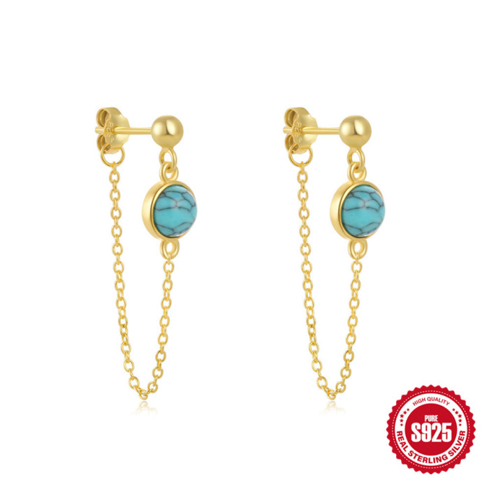 New 925 Sterling Silver Round Bead Tassel Turquoise Earrings Ear Thread Ear Studs European and American Hot Selling French Style Elegant Earrings
