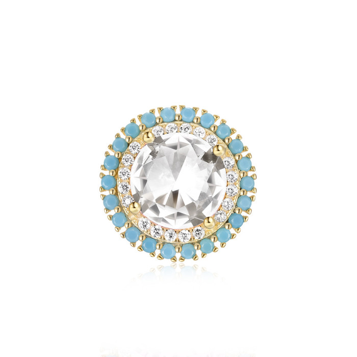 S925 Sterling Silver Round Inlaid Diamond Turquoise Earrings Ear Studs European and American Fashion Light Luxury Ins Style Pure Silver Ear Jewelry Earrings