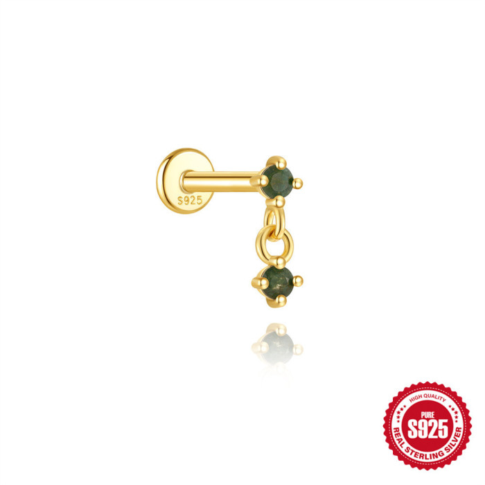 New S925 Sterling Silver Geometric Inlaid Diamond Natural Moss Agate Flat Head Threaded Piercing Ear Bone Stud European and American Hot-Selling Model