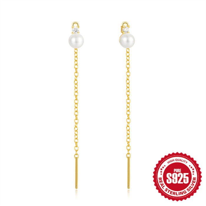 New 925 Sterling Silver Diamond-Studded Pearl Tassel Earrings Ear Thread Earrings Korean and Japanese Niche High-End INS Minimalist Earrings for Women