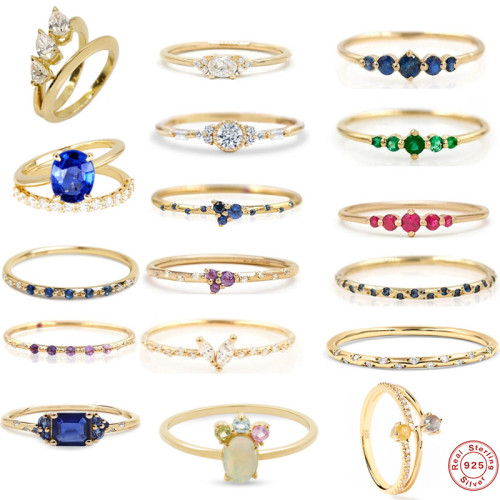 S925 Sterling Silver Geometric Double Layer Inlaid Diamond Couple Rings European and American Cross-Border Hot Selling French Style Colorful Index Finger Rings