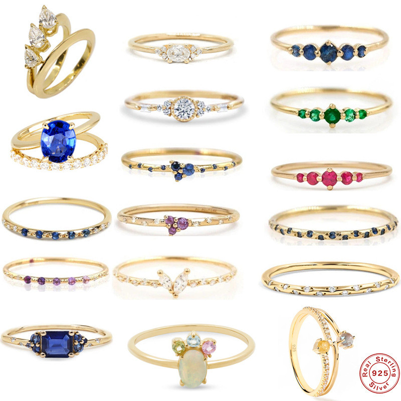 S925 Sterling Silver Geometric Double Layer Inlaid Diamond Couple Rings European and American Cross-Border Hot Selling French Style Colorful Index Finger Rings