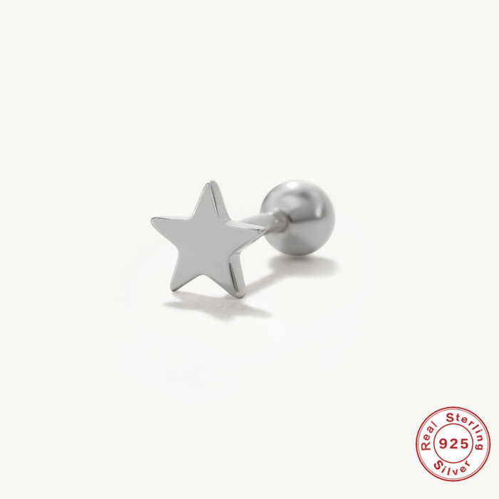 S925 Sterling Silver Simple Smooth Five-Pointed Star Threaded Piercing Single Earring Cross-Border Trendy Personality Minimalist Style Earrings