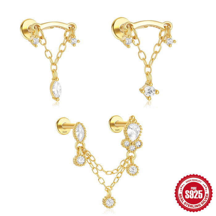 S925 Sterling Silver Inlaid Diamond Tassel Chain Flat Head Threaded Piercing Ear Bone Stud European and American Cross-Border Hot Selling INS Ear Jewelry