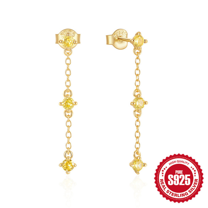 S925 Sterling Silver Stone-Inlaid Sparkling Long Tassel Earrings Stud Earrings Minimalist Style Versatile Elegant E...