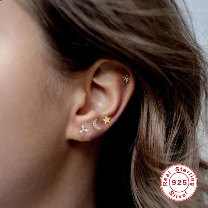 S925 Sterling Silver Moon Inlaid Diamond Threaded Piercing Earrings Internet Celebrity Hot Sale Personality Light Luxury Ins Style Piercing Ear Bone Studs