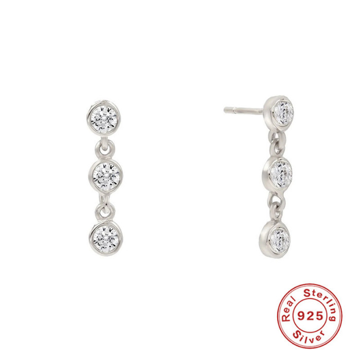 S925 Sterling Silver INS Simple Three-Diamond Stud Earrings Drop Earrings European and American Hot-Selling Light Luxury Personality Internet Celebrity Trendy Earrings