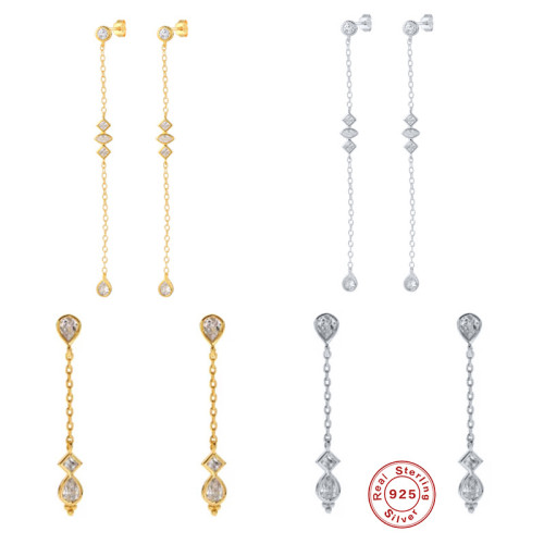 S925 Sterling Silver Tassel Chain INS Inlaid Diamond Earrings Studs Ear Lines Japanese and Korean Style Elegant Light Luxury Office Wear Earrings