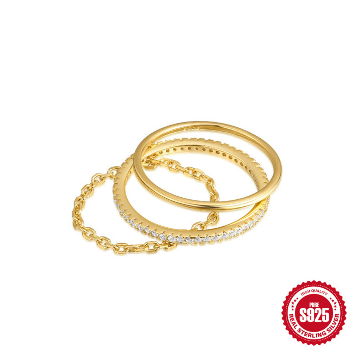 S925 Sterling Silver Simple Plain Band Stone-Encrusted Set Ring Korean Version Niche Personality Basic Ring Light L...