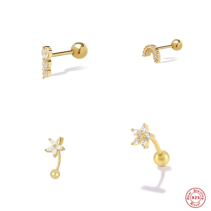 S925 Sterling Silver Light Luxury Threaded Piercing Stud Earrings European and American Hot Selling Geometric Personality INS Style Piercing Ear Bone Stud