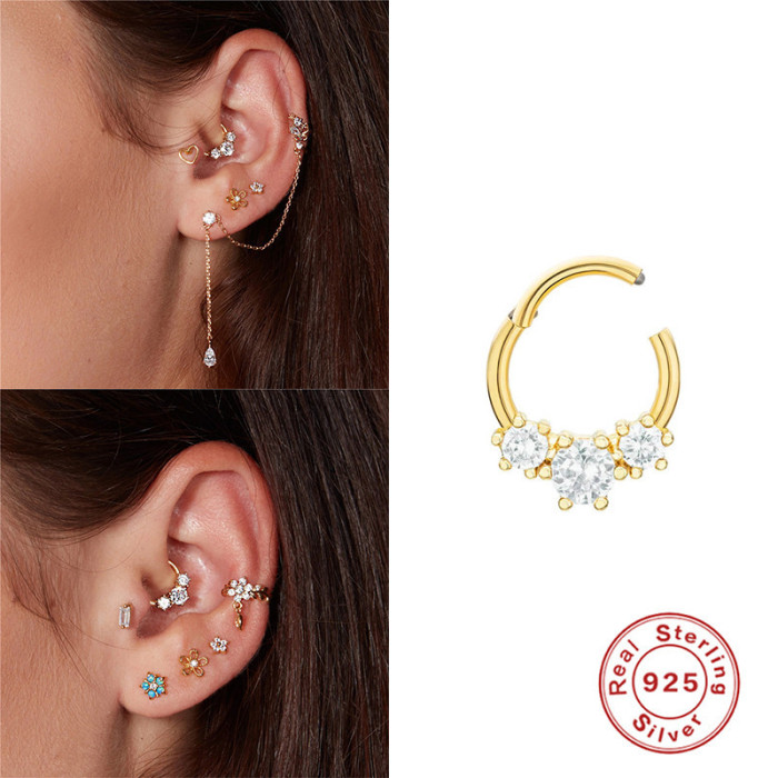 S925 Sterling Silver Light Luxury Diamond-Studded Elegant Soft Bone Piercing Small Hoop Earrings Ear Cuffs Internet Celebrity Street Style Hoop Earrings Ear Bone Studs Nose Ring