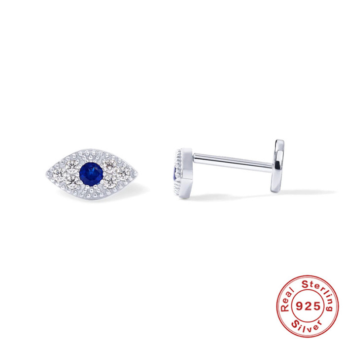S925 Sterling Silver Diamond-Encrusted Devil's Eye Flat Head Threaded Piercing Cartilage Earrings Personality Little Snake Smiley Face Ear Bone Studs for Women