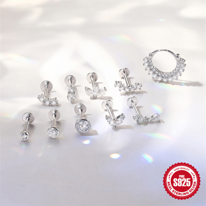 S925 Sterling Silver Classic Diamond-Encrusted European and American Style Flat Head Threaded Piercing Ear Bone Stud Japanese and Korean Niche High-End Ear Jewelry