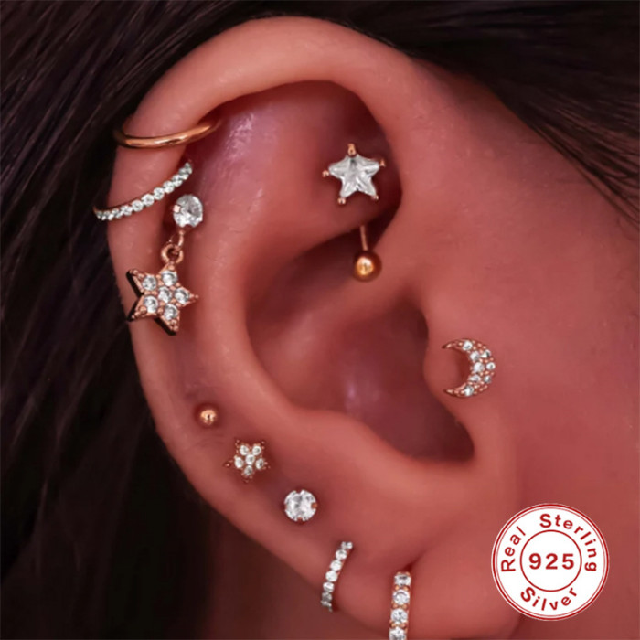 S925 Sterling Silver Five-Pointed Star Arc-Shaped Piercing Ear Bone Stud Korean and Japanese Style Personality INS Trend Body Screw Piercing Ear Jewelry