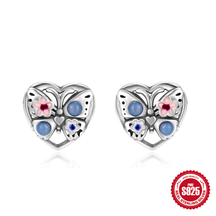 S925 Sterling Silver Heart Five-Pointed Star Butterfly Inlaid Diamond Moonstone Earrings European and American Fashion Retro Footprint Ear Jewelry