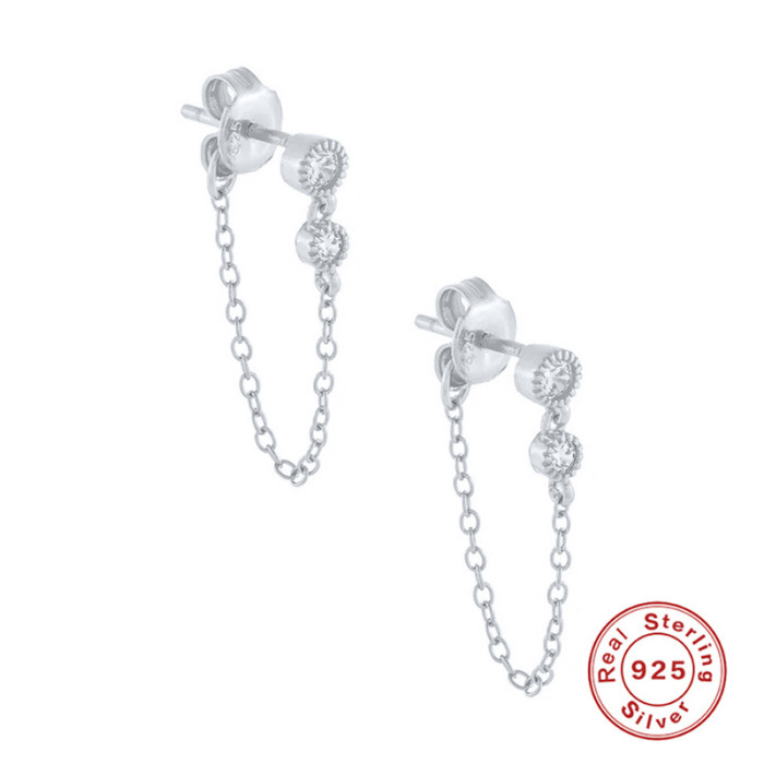 S925 Sterling Silver Round Diamond Chain Back Hanging Tassel Earrings Ear Thread Cross-Border Trendy Minimalist Style Inlaid Diamond Ear Jewelry