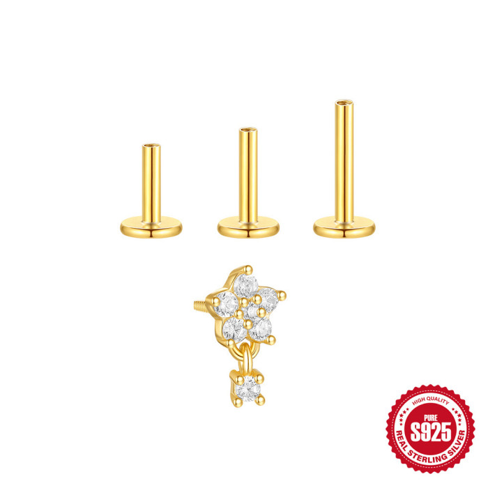 S925 Sterling Silver Geometric Diamond-Studded Soft Bone Flat Head Spiral Piercing Earrings European and American Hot Selling Multi-Size Versatile Ear Bone Studs